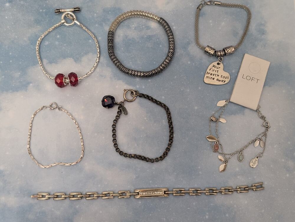Jewelry Lot 7 Bracelets LOFT Mesh Snake Heart Charm Red Crystal Silver Tone